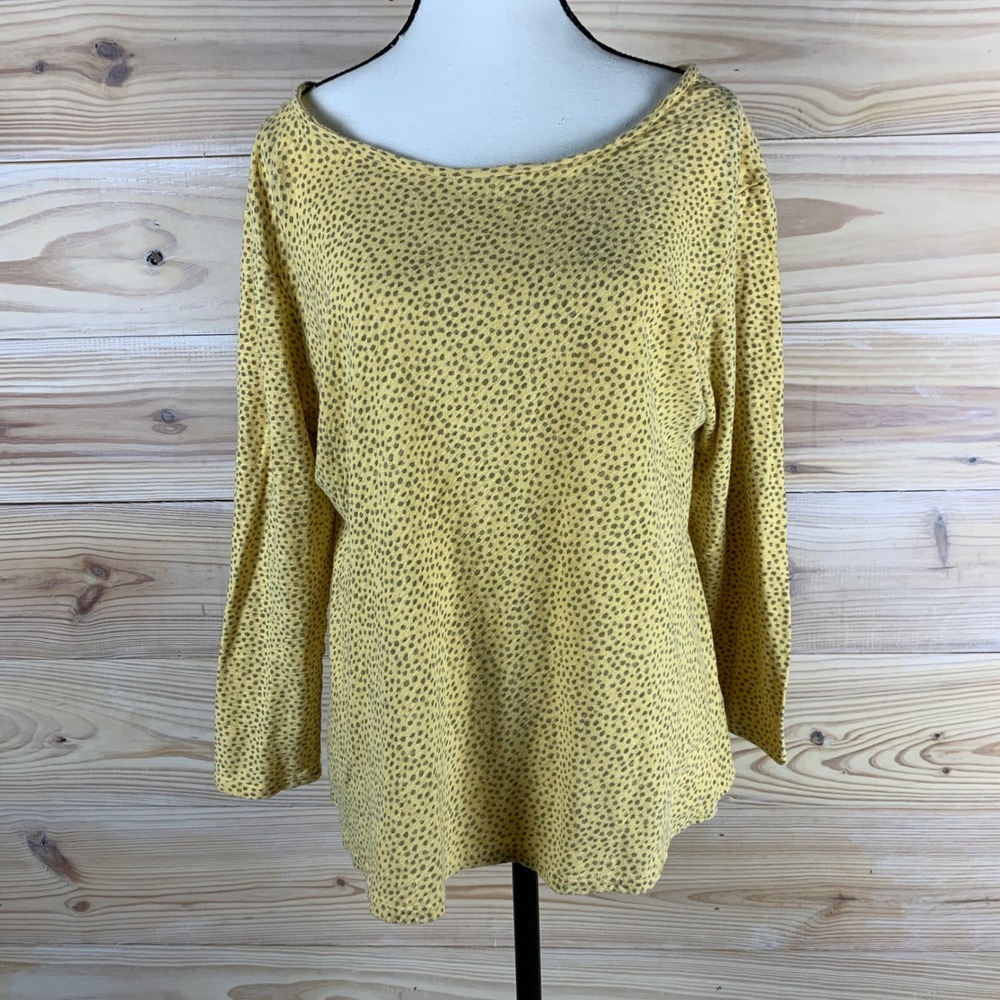 Cut Loose Top Women L Yellow Polka Dot Linen Blend Boat Neck Long Sleeve USA